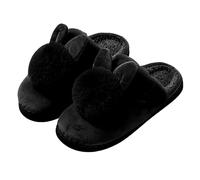 Cute Bunny Ear Winter Slippers - Couples Cotton Plush Thickened House Shoes, Warm Fuzzy Indoor Bedroom Slippers, Cozy Fluffy Non-Slip Flat Bottom Comfortable Home Footwear for Women Black