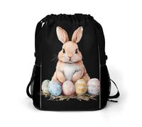 Cute Bunny Easter Eggs Trendy Drawstring Backpack Lightweight Gym Bag with Shoes Compartment Printed String Daypack