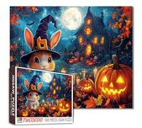 Cute Bunny Halloween Puzzle 1000 Pieces for Adults Rabbit in Witch Hat and Pumpkins Jigsaw Spooky Haunted House Full Moon Fall Leaves Holiday Puzzles Scary Fun Challenging Halloween Decor Gift