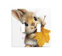 Cute Bunny Holding an Autumn Leaf Double Gang Toggle Light Cover Wall Plate Switch Decor Standard Size - 11.4x11.4cm