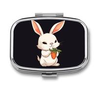 Cute Bunny Holding Carrot Pill Box 2 Compartment, Portable Pill Case with Mirror for Pocket Purse Travel, Mini Metal Medicine Organizer for Vitamins Fish Oil