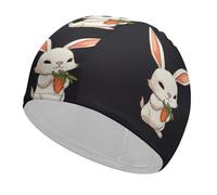 Cute Bunny Holding Carrot Swim Cap for Adult, Elastic Fabric Swimming Cap, Comfortable Bathing Cap for Long & Short Hair
