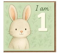Cute Bunny I am 1 First Birthday Card - Sweet Rabbit Illustration on Green with Floral Doodles - 1st Birthday Card for Baby or Toddler