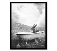 Cute Bunny in Bathtub Black White Surreal Framed Art Print Artery8 Grey W12 inch x H16 inch