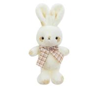 Cute Bunny Plush Toy Stuffed Cartoon Doll - Soft White Rabbit with Brown Spots and Plaid Bow, Fluffy Animal Figure for Kids Room Decoration and Cuddling, Adorable Plush Companion, 30cm