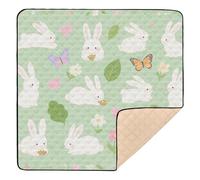 Cute Bunny Rabbit Butterfly Flower Light Green Large Non-Slip Baby Playmat for Floor Portable Infant Play Activity Mat for Babies Infants Toddlers, 50'' x 50''
