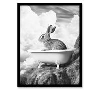 Cute Bunny Rabbit in Bathtub Black White Surreal Framed Art Print Artery8 Grey W12 inch x H16 inch