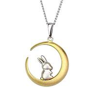 Cute Bunny Rabbit On The Moon Pendant Necklace for Women Teen Girls S925 Sterling Silver Hypoallergenic Dainty Tiny Crescent Choker 18" Chain Collar Delicate Animal Jewelry Gifts Box for Daughter