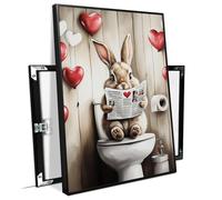 Cute Bunny Reading Newspaper on Toilet Whimsical Bathroom Wall Art Decor, Romantic and Humorous Home Accent Canvas Print Poster, for Bathroom Accent Wall, Kids Room Decor and Valentine's Day Gifts