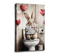 Cute Bunny Reading Newspaper on Toilet Whimsical Bathroom Wall Art Decor, Romantic and Humorous Home Accent Canvas Print Poster, for Bathroom Accent Wall, Kids Room Decor and Valentine's Day Gifts