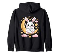 Cute Bunny Sitting On Crescent Moon With Stars Zip Hoodie