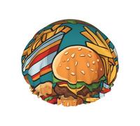 cute burger fries Printed shower cap, reusable, specially designed for women's long hair, double-layer structure, suitable for bathing.