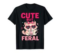 Cute But Feral Kawaii Cat with Boba Tea Pastel Goth T-Shirt
