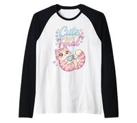 Cute But Feral Kawaii Cat with Cup of Tea Pastel Goth Raglan Baseball Tee