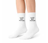 Cute But Psycho Crew Socks - Funny Quote Statement Socks, White Cotton Blend, Bold Novelty Socks for Men & Women, Casual Everyday Wear, One Size Fits All
