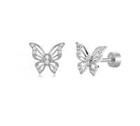 Cute Butterfly Flat Back Stud Earrings Hypoallergenic 20G Cubic Zirconia Tiny Cartilage Tragus Helix Screw Back Stainless Steel Piercing Fashion Minimalist Jewelry Gifts For Women Sensitive Ears