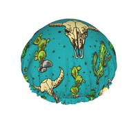 Cute Cactus And Skull Of Bull Print Soft Lined Shower Cap, Double Layer Washable Wide Elastic Band Hair Shower Cap For Bath