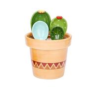 Cute Cactus Measuring Spoons Set in Pot Organizer,5 Pieces Ceramic Measuring Cups Set for Kitchen Dry Wet Ingredients, Liquid Food,Salt and Sugar,Kawaii Cactus Figurine Spoon with Base Cup (Blue)