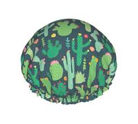 Cute Cactus Seamless Illustration Print Soft Lined Shower Cap, Double Layer Washable Wide Elastic Band Hair Shower Cap For Bath