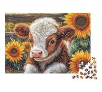 Cute Calf Sunflowers Difficult 1000 Piece Jigsaw Puzzle for Adults Calf Sitting in Sunflower Farm Field Premium Sturdy Vibrant Challenging Stress Relief 70x50cm/1000pcs