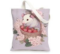 Cute Canvas Tote Bag, Adorable Animal Design Reusable Shopping Bag, Pastel Floral Lightweight Washable Tote for Travel Beach Picnic 13x15 Inch