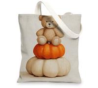 Cute Canvas Tote Bags, Adorable Bear and Pumpkin Design Reusable Shopping Bags, Cozy Playful Lightweight Washable Shoulder, Beige, 13x15 Inch