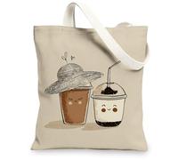 Cute Canvas Tote Bags, Adorable Drink Characters Reusable Shopping Bags, Fun Fanciful Lightweight Washable Shoulder Strap C, Beige, 13x15 Inch