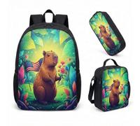 Cute Capybara 17 Inch Lightweight Backpack 3 Piece Set Tropical Jungle Hibiscus Palm Leaves Kids Primary School Rucksack Bundle Whimsical Birthday Gift (05)