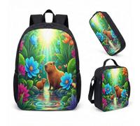 Cute Capybara 17 Inch Lightweight Backpack 3 Piece Set Tropical Jungle Hibiscus Palm Leaves Kids Primary School Rucksack Bundle Whimsical Birthday Gift (12)