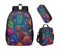 Cute Capybara 17 Inch Lightweight Backpack 3 Piece Set Tropical Jungle Hibiscus Palm Leaves Kids Primary School Rucksack Bundle Whimsical Birthday Gift (02)