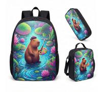 Cute Capybara 17 Inch Lightweight Backpack 3 Piece Set Tropical Jungle Hibiscus Palm Leaves Kids Primary School Rucksack Bundle Whimsical Birthday Gift (04)
