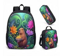 Cute Capybara 17 Inch Lightweight Backpack 3 Piece Set Tropical Jungle Hibiscus Palm Leaves Kids Primary School Rucksack Bundle Whimsical Birthday Gift (07)