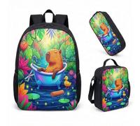 Cute Capybara 17 Inch Lightweight Backpack 3 Piece Set Tropical Jungle Hibiscus Palm Leaves Kids Primary School Rucksack Bundle Whimsical Birthday Gift (09)