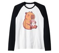 Cute Capybara Drinking Retro 90s Strawberry Milk Carton Raglan Baseball Tee