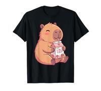 Cute Capybara Drinking Retro 90s Strawberry Milk Carton T-Shirt