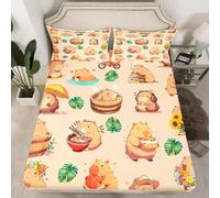 Cute Capybara Fitted Sheet King Size 3D Green Palm Leaves Fitted Sheets Deep Pocket (30 cm) Soft Microfiber Shrinkage Fade Resistant Bedding with 2 Pillowcases A.2449