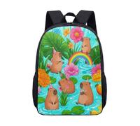Cute Capybara Illustration 17 Inch Backpack Vibrant Tropical Water Lily Print Kids School Bag for Teens (13)