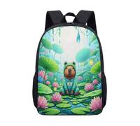 Cute Capybara Illustration 17 Inch Backpack Vibrant Tropical Water Lily Print Kids School Bag for Teens (11)
