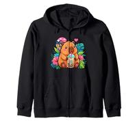 cute capybara kawaii anime drinking bubble tea lover girls Zip Hoodie