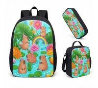 Cute Capybara Lotus Flower 17 Inch Backpack Set 3 Piece School Bag for Kids Teens Printed Graphic Tropical Design (13)