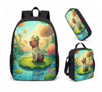 Cute Capybara Lotus Flower 17 Inch Backpack Set 3 Piece School Bag for Kids Teens Printed Graphic Tropical Design (12)