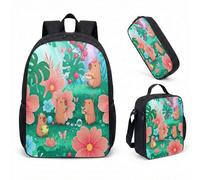Cute Capybara Lotus Flower 17 Inch Backpack Set 3 Piece School Bag for Kids Teens Printed Graphic Tropical Design (10)
