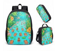 Cute Capybara Lotus Flower 17 Inch Backpack Set 3 Piece School Bag for Kids Teens Printed Graphic Tropical Design (08)