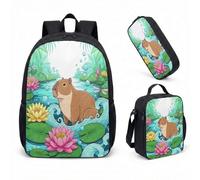 Cute Capybara Lotus Flower 17 Inch Backpack Set 3 Piece School Bag for Kids Teens Printed Graphic Tropical Design (01)