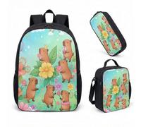 Cute Capybara Lotus Flower 17 Inch Backpack Set 3 Piece School Bag for Kids Teens Printed Graphic Tropical Design (04)