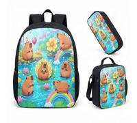 Cute Capybara Lotus Flower 17 Inch Backpack Set 3 Piece School Bag for Kids Teens Printed Graphic Tropical Design (14)