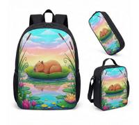 Cute Capybara Lotus Flower 17 Inch Backpack Set 3 Piece School Bag for Kids Teens Printed Graphic Tropical Design (07)