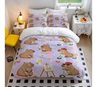Cute Capybara Printed Duvet Cover Set, Pink Purple Cartoon Bedding, 3pcs, Ideal for Kids Bedroom (01,Double + 80 x 80cm x2)