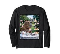 Cute Capybara Sip Tea Rose Cup Cottagecore Floral Garden Long Sleeve T-Shirt