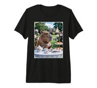 Cute Capybara Sip Tea Rose Cup Cottagecore Floral Garden Premium T-Shirt